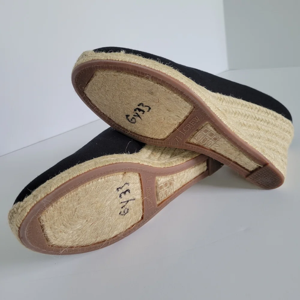 J. Crew Black Canvas Espadrille Wedge Pumps with Natural Jute
